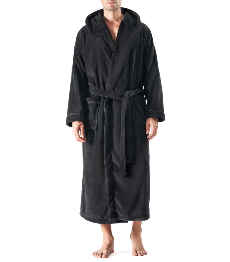 DAVID ARCHY Men's Soft Plush Coral Fleece Robe Full Length Hooded Long Bathrobe for Men with Hood (L, Black) - Image 1